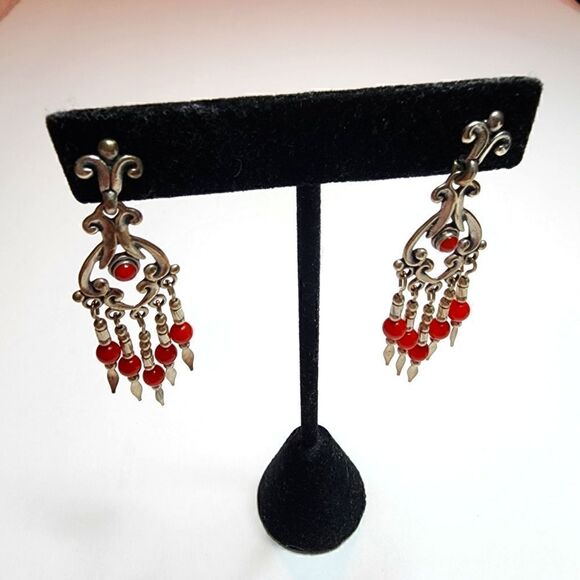 Carolyn Pollack Jewelry - CAROLYN POLLACK Q.T. Sterling Silver Red Coral Ornate Dangle Earrings Pierced